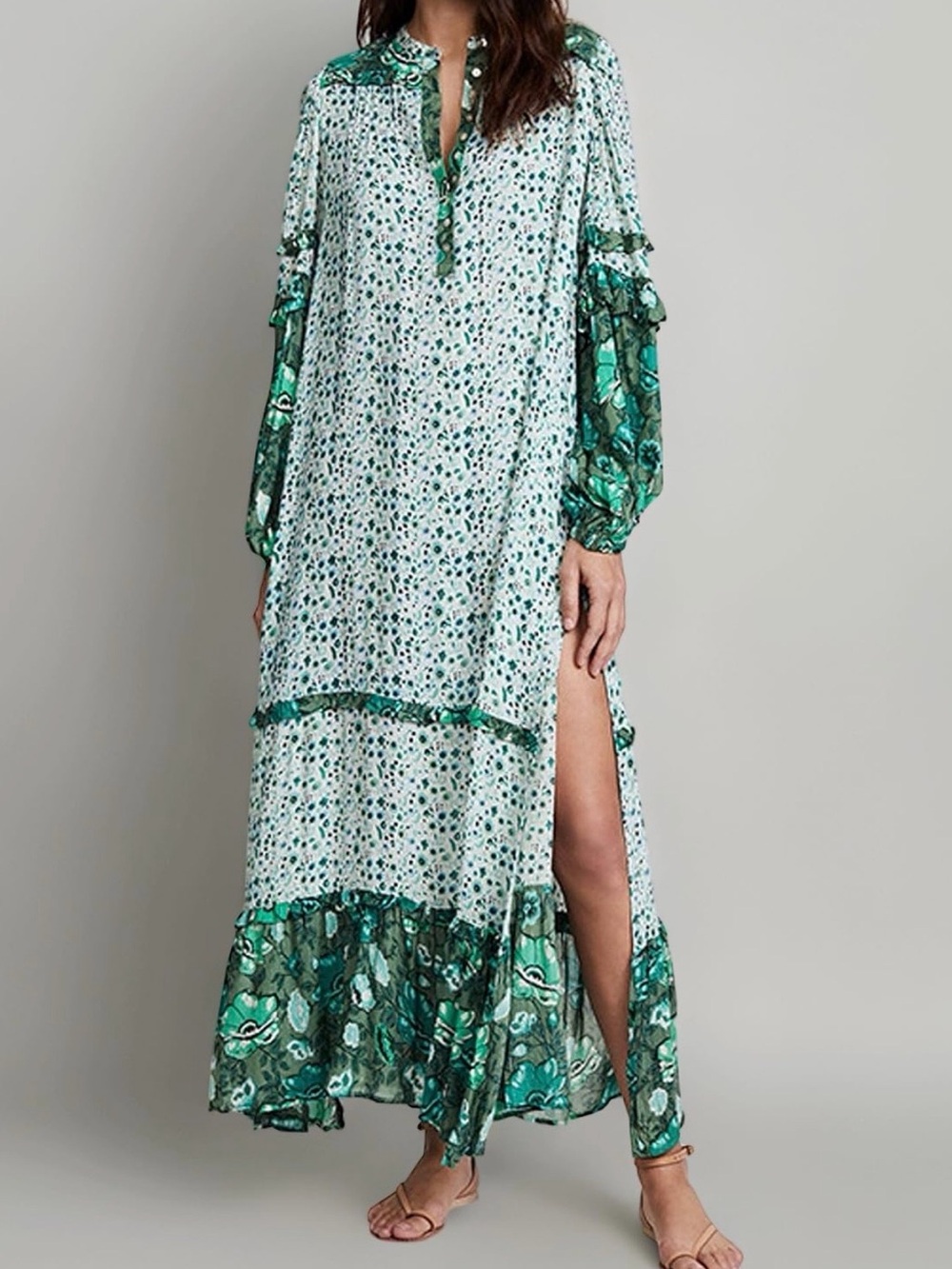 R.Vivimos Boho Flora Ruffle Stitching Both Sides Open Maxi NWT